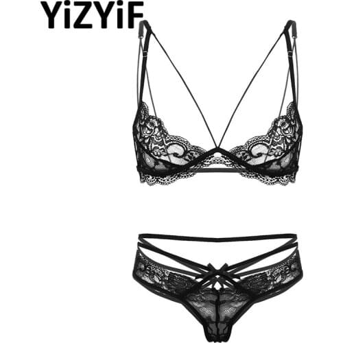 Women Underwear Set Sexy See Through Sheer Erotic Lingerie Set Sexy Lace Bra Top With G-string Briefs Underwear Ladies Nightwear