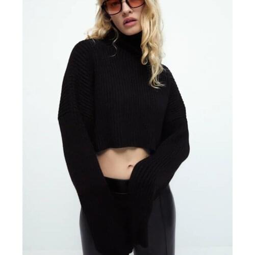ZA 2021 Winter High Neck Cropped Knit Sweater Women Long Sleeve Ribbed Black Pullovers Feminine Casual Fitting Knitted Top