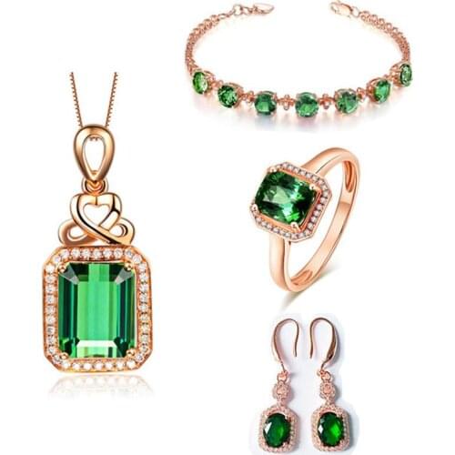 925 New Luxury Jewelry Set Green Tourmaline Gemstone Ring Lucky Clover Bracelet Emerald Necklace Retro Earrings For Women Gift