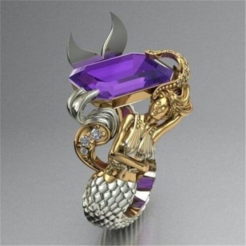 Purple Cube Crystal Accessories Jewelry Mermaid Pattern Embellish Ring For Woman Fingerstall Double Color Cocktail Party Circlet
