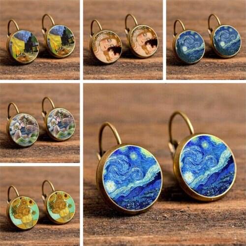 Van Gogh Famous Artist Starry Night Sunflower Earrings Glass Cabochon Bronze Earrings Female Jewelry Gifts
