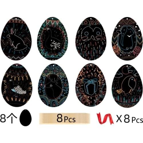 1 Set Easter Scratch Picture Pendant Crafts with Easter Egg Wooden Pens Ribbons