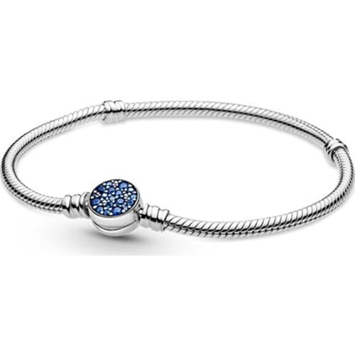 100% 925 Sterling Silver Moments Sparkling Blue Disc Clasp Snake Bracelets for Women Fine Jewelry Bracelets & Bangles 2021 New