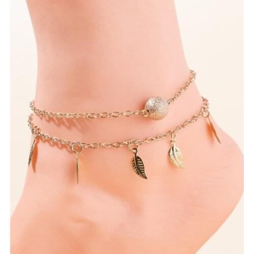 2021 Wholesale European Vintage Summer Beach Simple Double Layer Tassel Leaves Anklet Unisex Jewelry Accessories