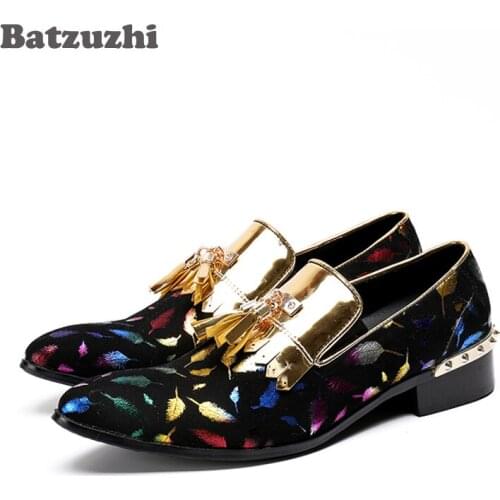 Batzuzhi Luxury Men Shoes Party Wedding Handmade Loafers Men Leather Shoes with Gold Metal Tassel Dress Shoes Zapatos Hombre