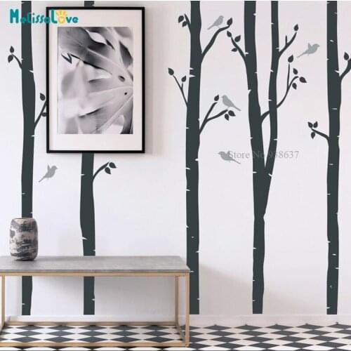 Birch Trees Decal With Birds Living Room Decor Birch Sticker Removable Vinyl Wall Stickers BB069