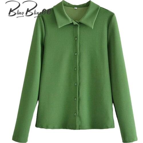 BlingBlingee Za 2021 Autumn Woman Traf Tops Long Sleeve Female Casual Green Shirt Turn Down Collar Ladies Regular Fit Blouses