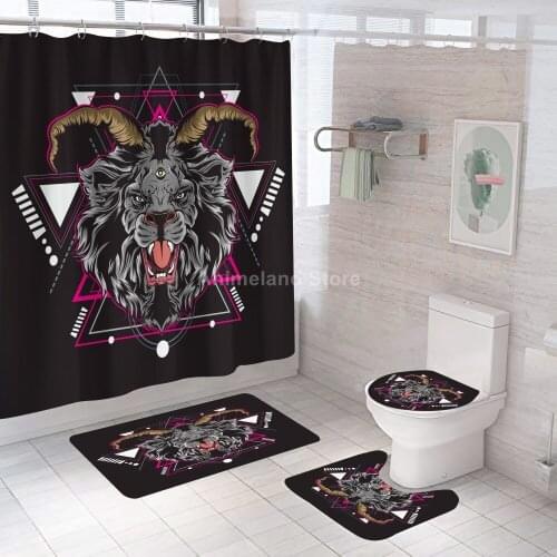 Black Nondescript Shower Curtain Animal Bathroom Curtain Bath Set Toilet Cover Mat Non-Slip Washroom Rug Set Modern 180x180cm