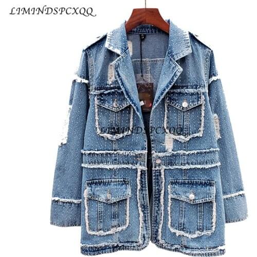 European Denim Jacket Women Hot Diamond Coats Vintage Ripped Holes Long Suit Collar Jean Jacket Female clothes chaquetas mujer