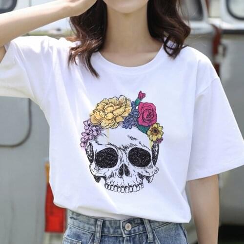 Creative skeleton summer Regular T-shirt women Soft Casual White T shirts 90s Print Harajuku Dancing Skull Kawaii T-shirt