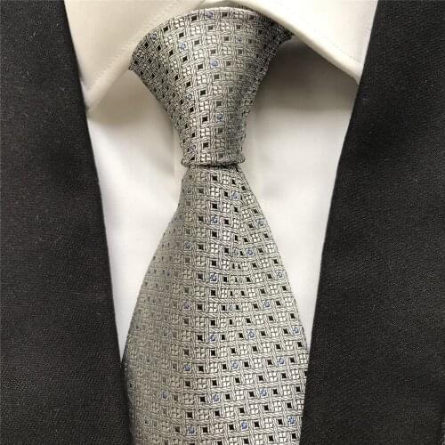 10 cm Width New Designer Mens Formal Ties Jacquard Woven Neck Tie Luxury Silver Checkers Grids Neckties