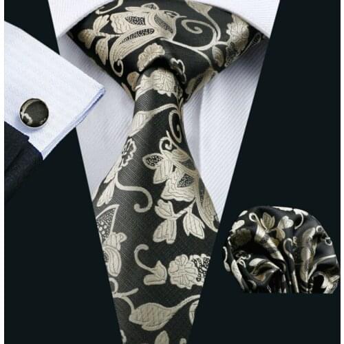 LS-1112 Hot Selling Mens Tie Black Floral 100% Silk Fashion Necktie Hanky Cufflinks Set For Men Formal Wedding Party Groom