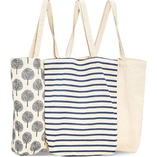 Three Designs Cotton Grocery Tote Bags One shoulder Supermarket shopping bag leisure Womens Canvas Handbag