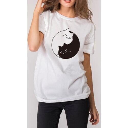 Summer Tee Female Top White and Black Cats Tees Woman Summer T-shirt Casual Short Sleeve O-neck Tops