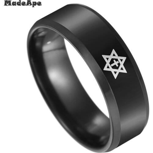MadApe Star Of David Cross Ring Men Christian JESUS Titanium Steel Pentagram Women Wedding Band Rings Punk Religion Jewelry