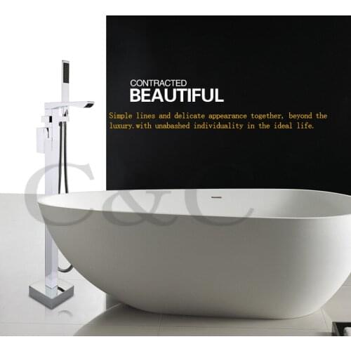 Bathroom Bathtub Floor Stand Waterfall Mixer Faucet Tap Set & Hand Held Shower Chrome Solid Brass Wholesale Free Shipping 6201