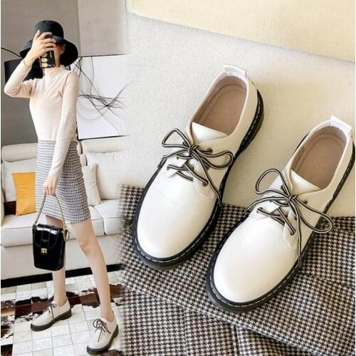 2020 new girls' leather shoes womens oxford lace up flat student shoes casual sneakers large size womens shoes 35-43
