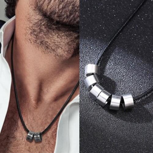 Custom Names Beads Charms Necklaces for Men Genuine Leather Chain Necklace Personalized Family Engraved Name Custom Jewelry Gift