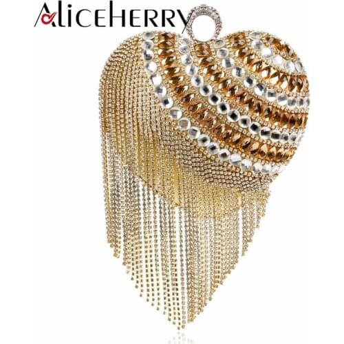 Luxury Famous Brands Heart Shaped Women Evening Bags Beaded Day Clutches Rhinestones Wedding Tassel Handbag and Purse