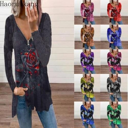 New Autumn Winter Women Zipper Rose Butterfly Print V-neck T Shirts Female Long Sleeve Basic Tops Loose Tee Shirts