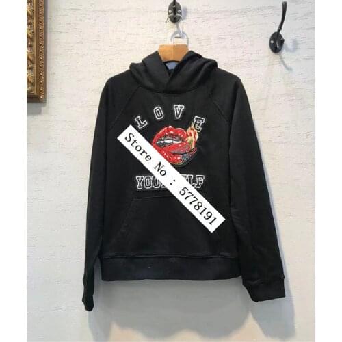 Woman Black Sweatshirt Hooded front Image Letter Print Drop Shoulder Oversized Pullovers Long Sleeves Front Pocket