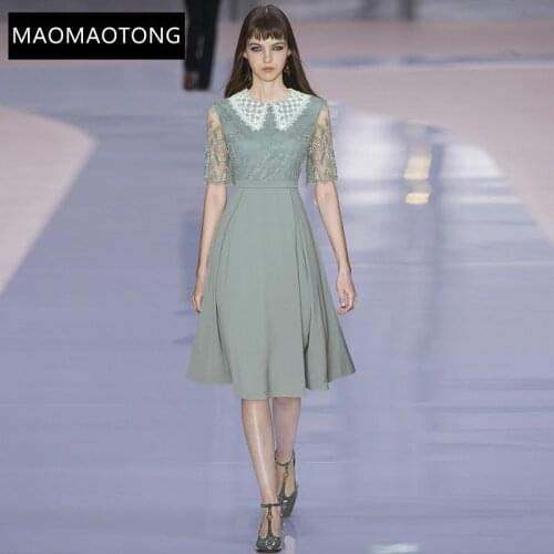 2021 Fashion Runway Summer Solid Midi Dress Womens Splicing Mesh Embroidery Lace Short sleeve Elegant Party Dress