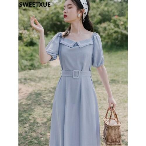 SWEETXUE Summer 2021 French Retro Girl Square Collar High Waist Dress Elegant Long Dress Vestidos Robe Femme