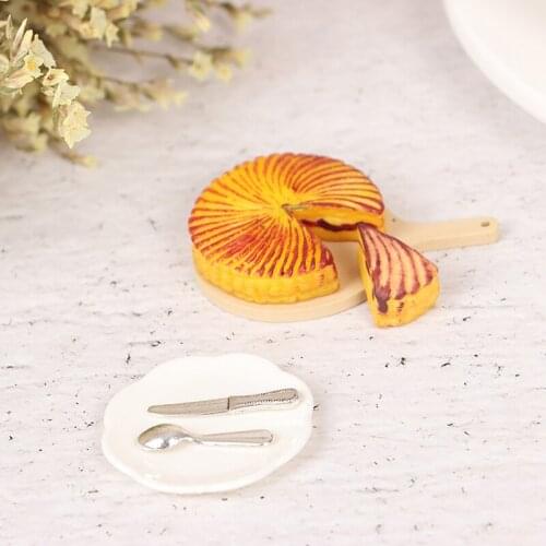 1:12 Dollhouse Miniature Cut Cake Tray Plate Knife Set Model Kitchen Accessories