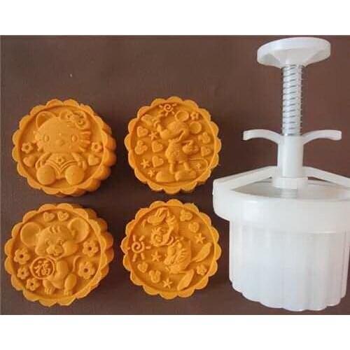 100g Chinese round shape cartoon design Mooncake mung bean cake Molds mould with 4 Stamps plastic hand pressure , 50sets/lot