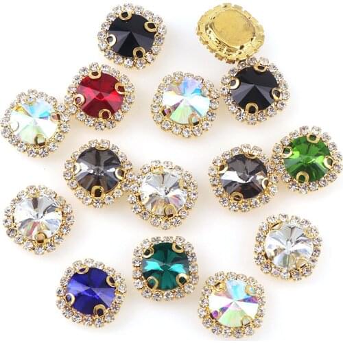 12mm Pointback Gold Base Sew On With Colorful Glass Stone Claw Crystal Buckle Cabochon Base DIY Jewelry Clothes Charm
