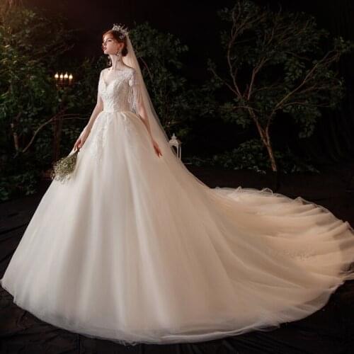 2021 Short Sleeve Wedding Dress Lace Beading Bridal Dress Ball Gown Prinecess Sweetheart O-neck Vestido De Noiva