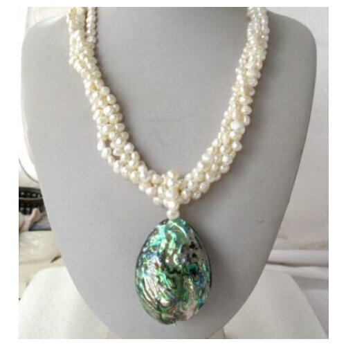 4 row Freshwater White Pearl Baroque Necklace Abalone Pendant 20 "