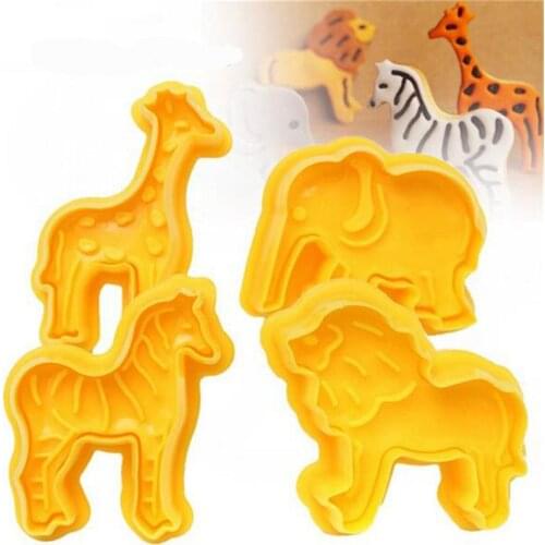 4Pcs/Set Lion Giraffe Zebra Elephant Shape Animal Plastic Fondant Cookie Cutter Biscuit Cake Mold Cake Decoration