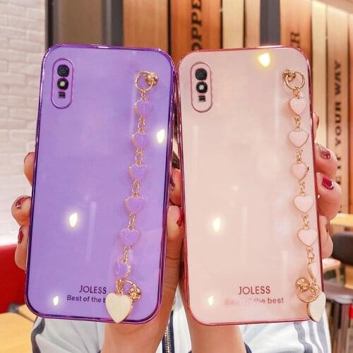 Wrist Chain Love Heart Phone Case For Xiaomi Redmi 9A Luxury Camera Protective Cover For Redmi9A Redmi 9A Redmi9T Case Purple