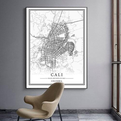 Black and White World City Map CALI Wall Art Canvas Poster Prints Nordic Style Paintings Picture for Living Room framed