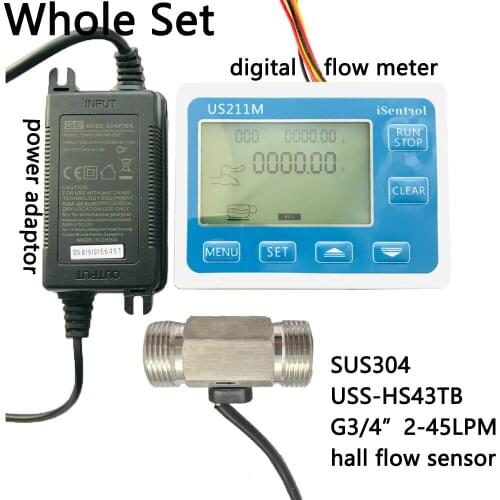 US211M Digital Flow Meter Totalizer with SUS304 Flow Sensor USS-HS43TB G3/4" Hall Flow Sensor 2-45LPM iSentrol Saier Sesnor