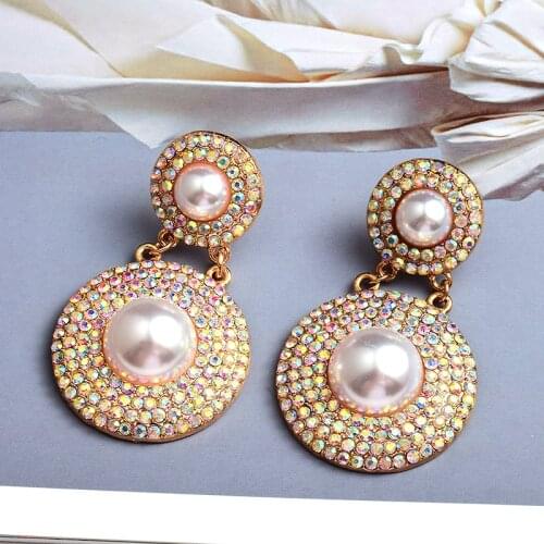 Elegant Rhinestone Women Earrings Imitation Pearls Round Drop Earrings Bridal Wedding Party Jewelry Wholesale Brincos