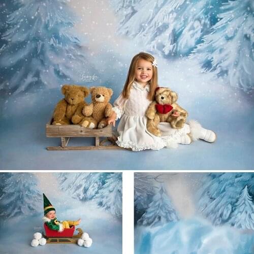 Snow Scene Painting Photography Background Hand Drawn Children Birthday Portrait Photo Backdrop Snow-Pine Blue Photocall Props