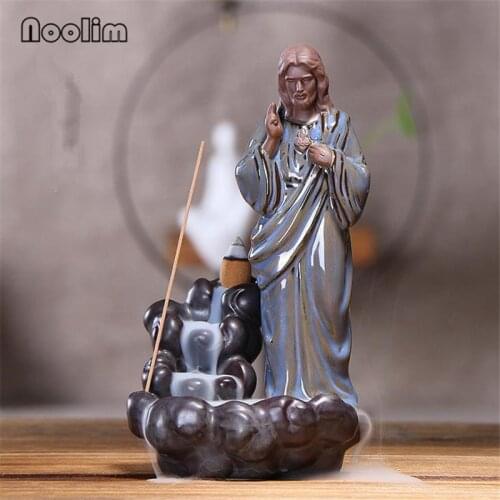 Ceramic Jesus Christ Virgin Mary Statue Figurine Backflow Incense Burner Handicraft Incense Stick Holder Censer+10pcs Free Cones