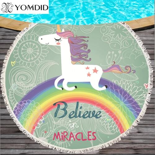 YOMDID Cute Unicorn Towel Round Beach Towel Microfiber Large Bath Towel with Tassels Unicorn Pattern Yoga Mat Round 150cm Toalla