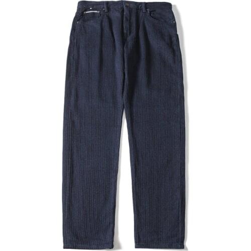 American Amekaji Men Premium Loose Casual Cargo Denim Pants Blue Dyed Male Solid Color Basic Thicken Straight Coarse Grain Jeans