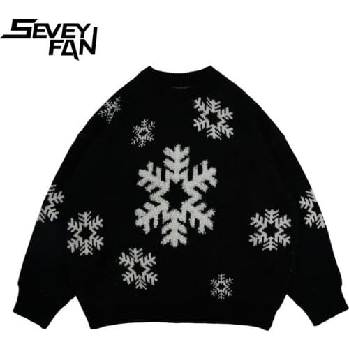 SEVEYFAN Hi Street Mens Snowflake Embroidery Sweater Harajuku Loose Cotton Knitwear Casual Pullover Sweaters for Couples