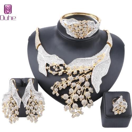 Womens Wedding Bridal Bridesmaid Rhinestone Crystal Statement Necklace Dangle Earrings Bangle Ring Party Costume Jewelry Set