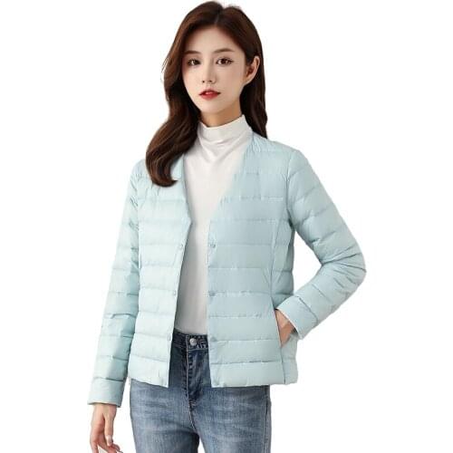 2021 New Women Bomber Jackets Fashion Solid Stripe Female Slim Short Cropped Coats Warm Duck Down Filler V-neck Light Thin Stye