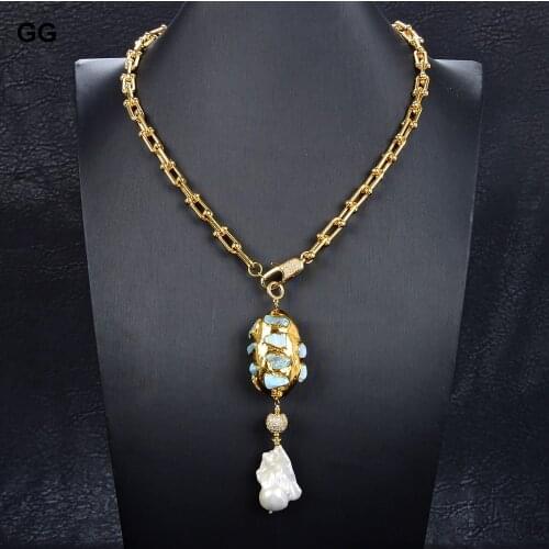 GG Jewelry 20'' Natural Cultured White Baroque Keshi Pearl Blue Larimar Gold Plated Chain Necklace Keshi Pearl Cz Pendant
