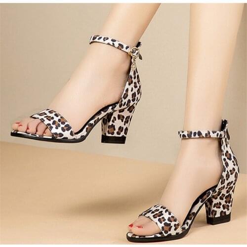 Shoes Women Leopard Print High Heel Platform Sandals Ladies Block Heels Ankle Strap Open Toe Summer Shoes 32 33 42 43 44 45 46