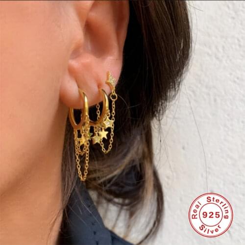 100% Soild 925 Sterling Silver Chain Tassel Earring Star Hoop Earrings Fine Jewely For Woman Ladies Bijoux Femme Charming Gift
