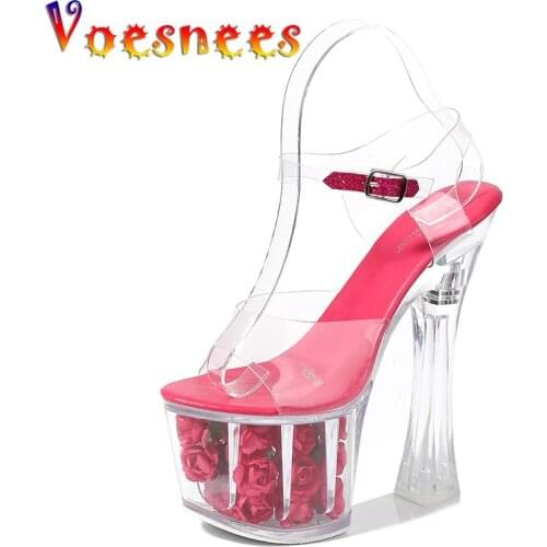 Wedding Shoes Women Model Shoes Thick Heels Super High heels 17cm Roses Waterproof Fishmouth Sandals Transparent Crystal Shoes