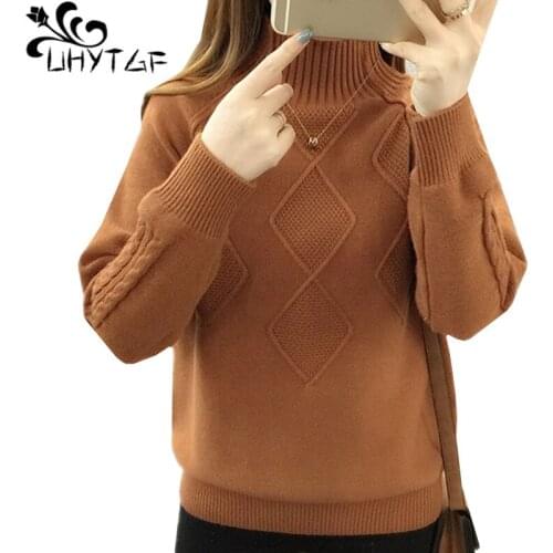 UHYTGF Sweater Women turtleneck Knitted Base Sweater Long Sleeve Fashion Loose Harajuku Slim Autumn Winter Sweater Women Top 386