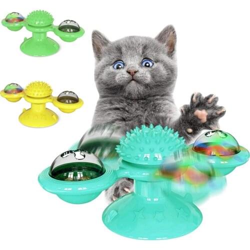 Funny Rotation Windmill Cats Gogs Pets Chewing Interactive Play Game Toy with Suction Cup Hair Massager LED Catnip Ball